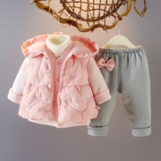 女童冬装0女宝宝冬季棉衣1外套，6-12个月婴儿，加厚棉服马甲三件套装