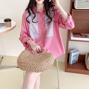 粉色衬衫女上衣2024年韩版宽松棉质条纹拼接休闲气质长袖衬衣