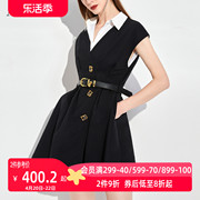 aui黑色设计感假两件衬衫连衣裙女2023夏职业(夏职业，)通勤修身中长裙