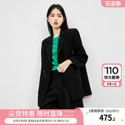 秋水伊人设计感黑色西装，女2024春装高级感百搭中长款西服外套