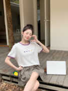 檬小娴常规款夏季韩版女装气质撞色刺绣4个爱心上衣短袖T恤