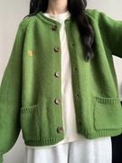 日系复古绿色针织开衫毛衣外套女春季慵懒宽松风软糯上衣