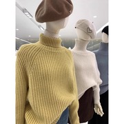 黄色高领羊毛针织毛衣女秋冬季慵懒风加厚宽松短款内搭打底衫上衣