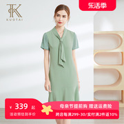 阔太纯色绿色雪纺系带连衣裙短袖2024设计感小众直筒a字裙