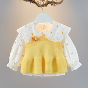 女宝宝秋装长袖衬衫，+针织马甲套装1-4岁女童，印花衬衣小童甜美衣服