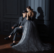 22影楼拍照主题服装，灰色蕾丝抹胸裙时尚个性，复古婚纱情侣写真礼服