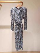 S2023秋冬女装法式气质设计感收腰印花连衣裙