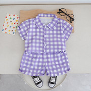 ins韩国夏装婴幼儿童清爽短袖，套装宝宝爱心格子，休闲t恤短裤两件套