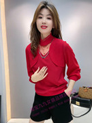 法式拼接半高领假两件打底衫女士秋冬气质显瘦长袖洋气红色小衫
