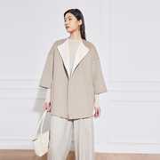 绒绒家双面异色斗篷式羊绒，大衣女设计感灰色中长款手缝羊毛呢外套