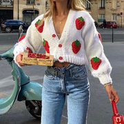 外贸原单法式复古vintage秋冬单排扣针织开衫草莓长袖毛衣女外套