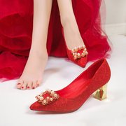 婚鞋女细跟2021水钻尖头单鞋红色高跟鞋女结婚红秀禾新娘鞋