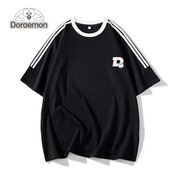 DORAEMON/哆啦A梦短袖T恤男2024潮夏季美式复古三道杠半截袖T