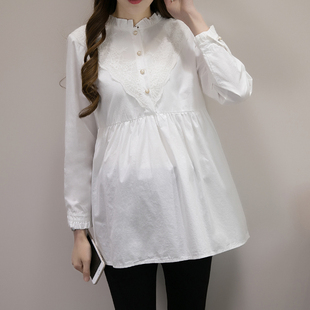 孕妇衬衣秋装长袖中长款立领上衣新韩版宽松时尚白色职业打底衬衫