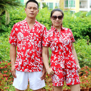 海南岛服沙滩服衬衫，夏威夷短袖衬衫男女三亚旅游衣服情侣宽松套装