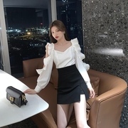 EUSKY 黑白拼接雪纺露肩衬衫女夏2020长袖设计感小众百褶上衣