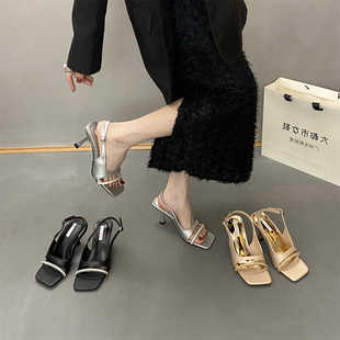 韩国女鞋2024时尚ins风OL细高跟方头露趾简约性感黑色凉鞋潮