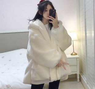 2023冬季韩版羊羔毛外套(毛外套)女中长款连帽獭兔毛绒绒皮草大衣加厚