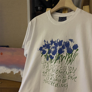 蓝色浪漫原创设计2022花卉字母印花男女宽松纯棉短袖T恤
