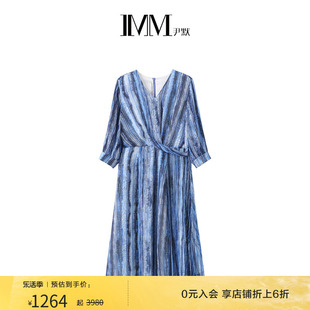 imm尹默女装，秋季桑蚕丝长裙，蓝色条纹连衣裙