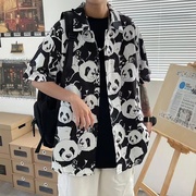 熊猫满印大码衬衫男短袖夏胖子(夏胖子)宽松潮流，2023港风日系个性衬衣外套