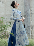 春夏女装复古新中式国风，改良旗袍长衫上衣，配蓝色半身长裙超仙气