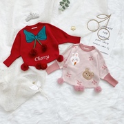 女童圣诞毛衣樱桃小熊冬季洋气斗篷式针织提花套头宝宝纯棉线上衣