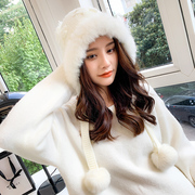 兔毛帽子女冬天韩版百搭可爱兔毛球球毛线，帽加绒加厚保暖针织帽
