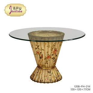 茱莉安欧式实木彩绘花卉玻璃台面餐桌法式复古做旧客厅餐椅组合