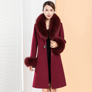 秋冬狐狸毛领羊绒羊毛大衣女时尚修身显瘦中长款毛呢外套呢子大衣