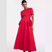 法式红色礼服裙2024夏时尚(夏时尚，)优雅圆领，短袖立体玫瑰花朵连衣裙中长裙