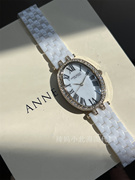 美国Anne klein复古风椭圆形贝母女士石英水钻纯白色陶瓷手表