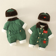 婴儿棉服东北军绿色连体衣，冬季新生儿衣服加绒1厚2岁宝宝哈衣保暖