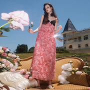 法式蝴蝶结吊带立体花朵玫瑰，礼服名媛风，连衣裙粉色仙女修身长裙