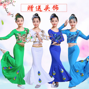 儿童傣族舞蹈服孔雀舞演出服装女童少儿傣族鱼尾，裙亮片长袖长裙
