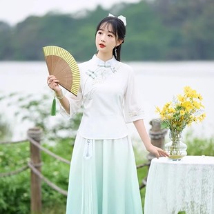 新中式民国风日常汉服套装少女学生改良旗袍上衣半身裙两件套茶服