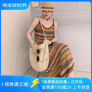 彩虹条纹吊带连衣裙女欧洲站，夏装2023欧货女装时尚a字裙子潮