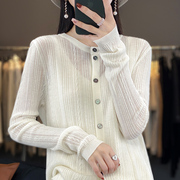 春季镂空精纺羊毛针织，开衫女士圆领长袖，纯色百搭外套短款上衣