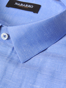 纳巴罗短袖衬衫男 棉+亚麻+桑蚕丝 蓝色高端 贝壳扣 半袖商务衬衣