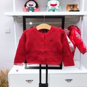 韩国中小童装春女童宝宝红色洋气镂空针织开衫 短款毛衣