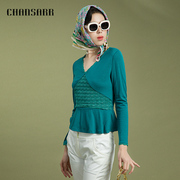 香莎CHANSARR 别致设计绿色拼蕾丝V领针织衫 收腰修身显瘦上衣