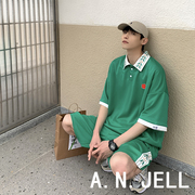 韩国版男装东大门22夏白绿色卫衣料立体刺绣短袖POLO运动短裤套装