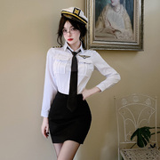 秋季网红主播衣服气质空姐白衬衫女装长袖领带衬衣工作服制服上衣