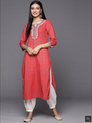 2024夏红色纯棉印花民族风七分袖上衣开叉长衫印度女士连衣裙