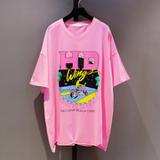 夏装韩版宽松V领印花短袖T恤女中长款蝙蝠衫圆领卡通粉色上衣