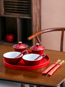 结婚礼物陶瓷喜碗喜筷喜杯套装红色敬茶杯新人改口杯陪嫁对碗婚庆