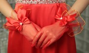 新娘短手套缎结婚纱礼服配件新娘手套红色蕾丝短款