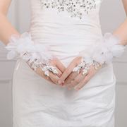 红色白色新娘结婚婚纱，礼服手套短款花朵，钻饰影楼造型手套