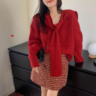 清纯2023年红色针织洋装子女跨年节两件式套装春装服新年战袍