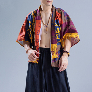 亚麻休闲复古文艺印花短袖，衬衫夏季潮，民族风男装云南西藏旅游服装